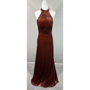 Revelry Dress Womens 4 Terracotta Velvet Tori Halter Maxi Bridesmaid Formal